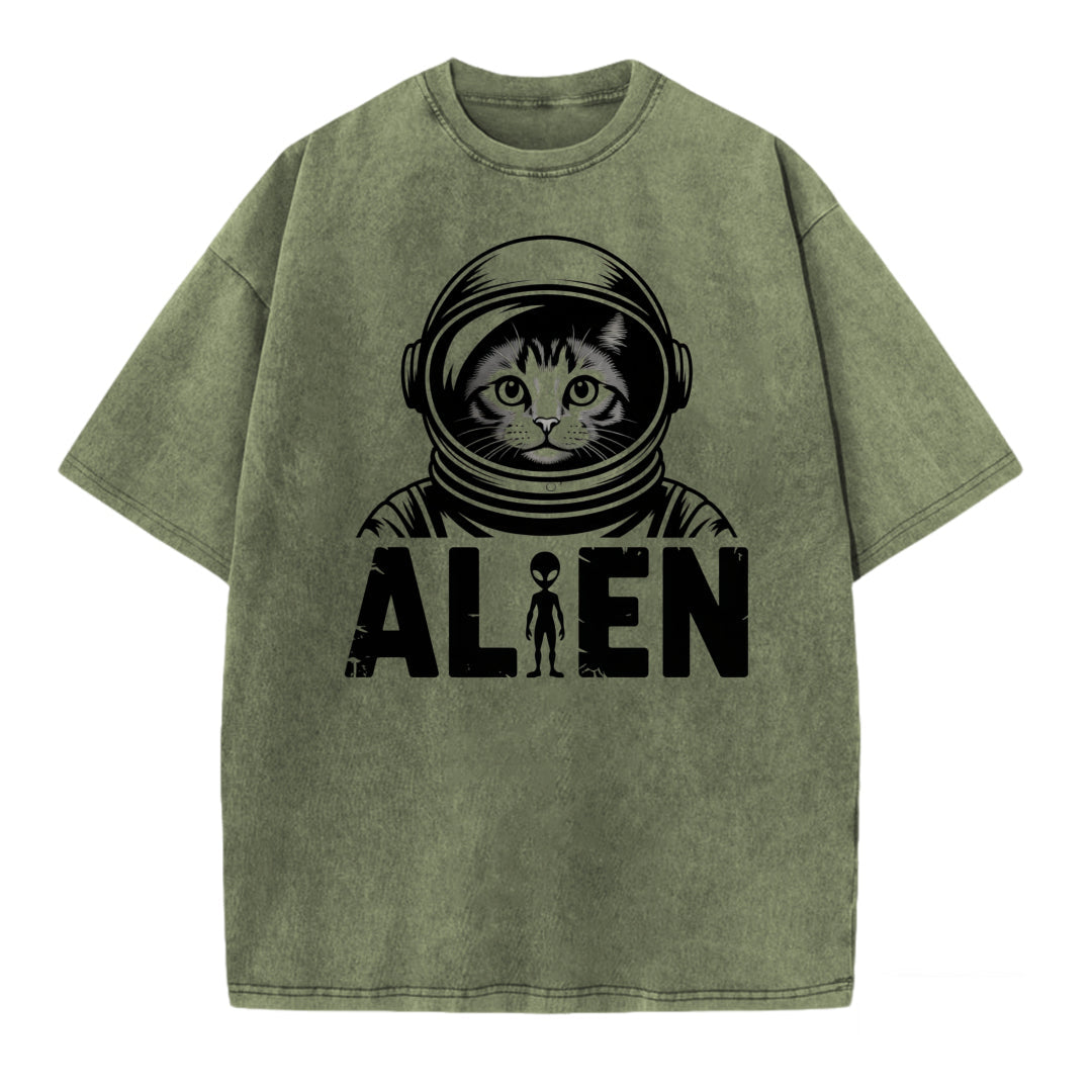 Vintage Space Cat Graphic Washed T-Shirt